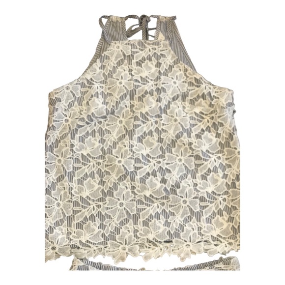 Adiva NWT Two Piece Shorts & Top Set Blue and White Stripe Lace Overlay Small - Picture 2 of 7